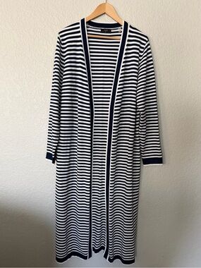 Tahari Navy and White Striped Knit long cardigan duster Top size XL